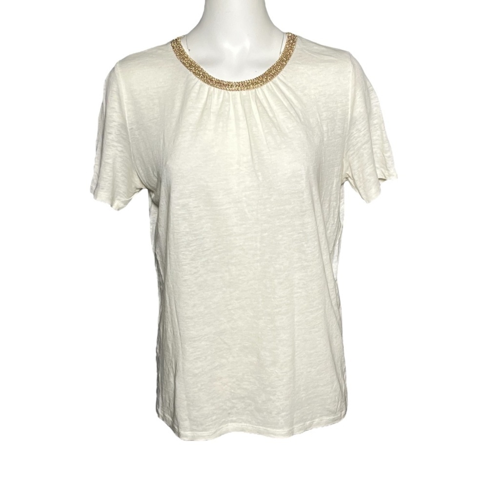 MAJE Tellor Embellished Linen T-Shirt Top Ivory/Cream Gold Trim Size 2 (Medium)